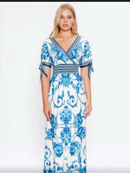 Boston Proper Dresses & Skirts - Boston Proper White Maxi Dress with Blue Floral Scroll Print XL